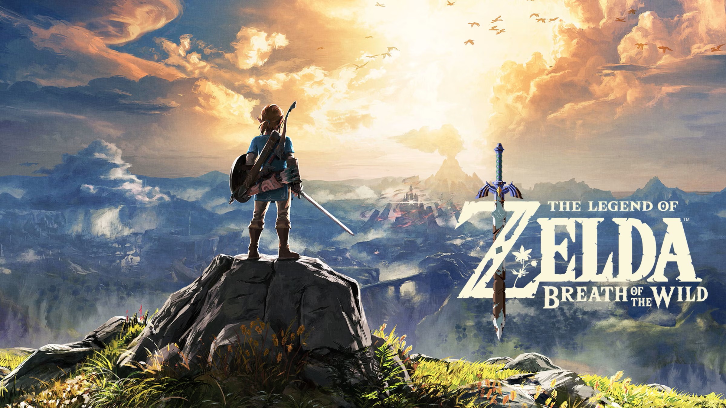 A peaceful Breath of the Wild landscape with sunlight over a grassy field
